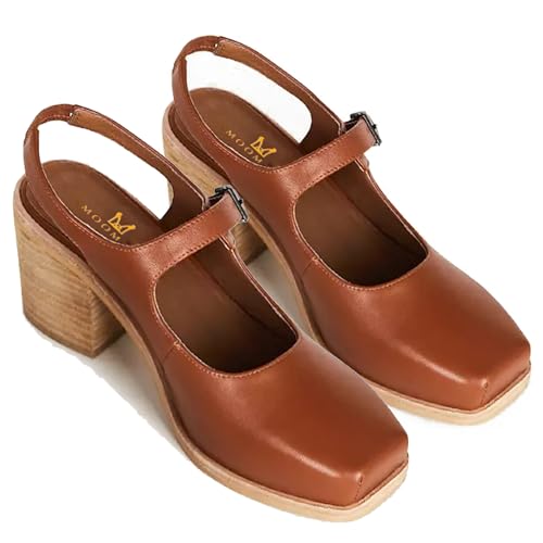 MOOMMO Women Block High Heel Slingback Mary Jane Pumps Platform Square Toe Ankle Buckle Strap Closed Toe Sandals 3 Inch Stacked Chunky Heel Dress Pumps Matte Retro Chic Office Daily 4-11 M US4