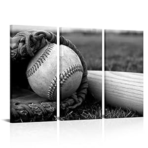 HOMEOART Baseball Picture Sports Themed Baseball Wall Art Print On Canvas Boys Bedroom Decoration Black and White Stretched Framed Artwork 16x32inchx3Panels