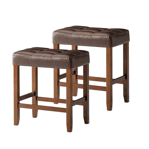 Carte: A La Carte Home Harper 26 Inch Tall Counter Height Backless Stool in True Walnut Wood Finish with Distressed Brown Vegan Leather Seat, Set of 2