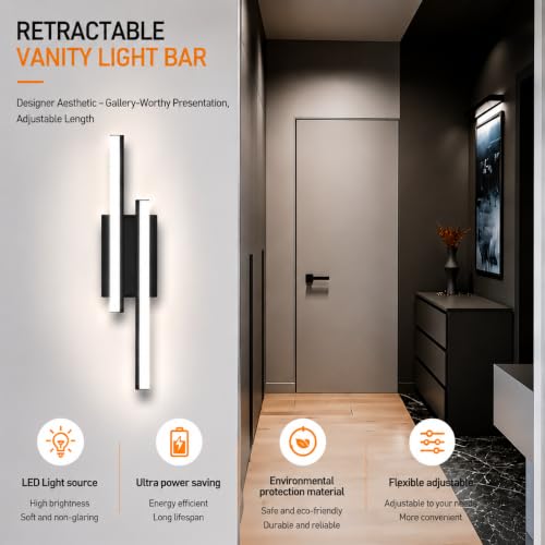 Image of Bathroom Light Fixture Over Mirror 5CCT LED Retractable Vanity Light Bar | 24 Inch Modern Dimmable Black Bathroom Lamp IP44 25W 2200LM - Wall Light Fixture ETL Certified (1 Pack)