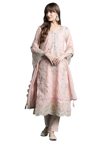 Image of INDO ERA Women's Straight Organza Ethnic Motifs Embroidered Kurta and Pant with Dupatta Set (KH9PH10614)
