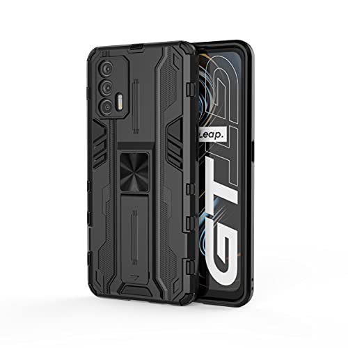 Wuzixi Funda para Realme GT 5G, Armor Carcasa con Anillo iman Soporte, Hard PC y Silicona TPU Bumper, Soporte Plegable, Fundas Carcasas Case para Realme GT 5G.Negro