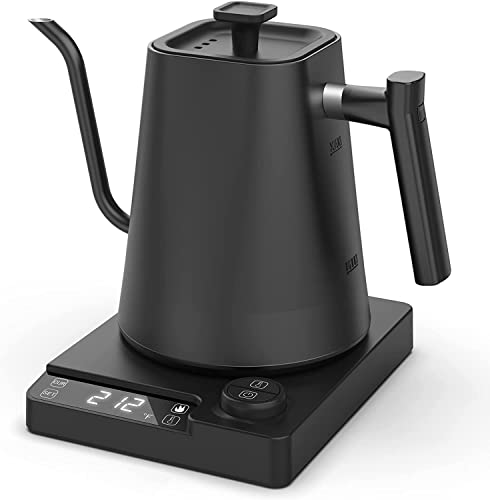 Dxmocos Electric Temperature Control Gooseneck Kettle Pour Over Kettle for Coffee Tea Brewing Stainless Steel Inner Lid and Bottom 1200W Rapid Heating 1L Matte Black