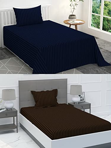 Image of Prime Collection 285 TC Combo Pack of 2 Single Sized (90x60) Satin Striped Bedsheet with 2 Pillow Cover Long Lasting Single Bedsheet for Hotel, Hospital and Home Use