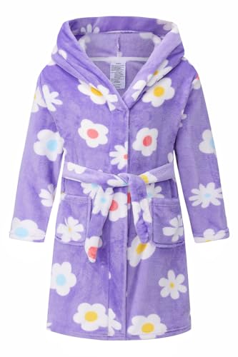 HDOBHIO Girls Fleece Hooded Robe Warm Sleepwear for Toddler Kids Soft Fuzzy Bathrobe Gifts Purple Daisy 4-5 Years
