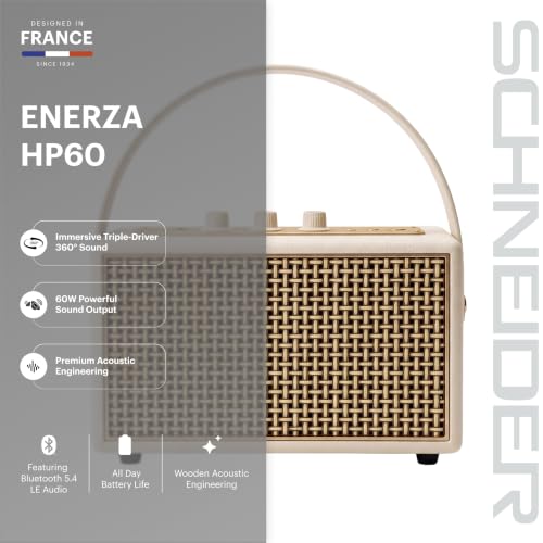 Image of Schneider ENERZA HP60 Wireless Portable Home Audio Speaker | 60W Triple-Driver 360 Sound | Wooden Acoustic Enclosure with Bluetooth 5.4 IPX4 Splashproof | Vintage Classic Design - Ivory