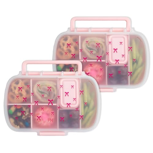 Image of Paris Hilton 2-Pack Bento Style Snack Boxes, 7-Compartment Lunch Containers with Built-In Phone Stand, Removable Dividers and Dip Containers, Pink Bow Print