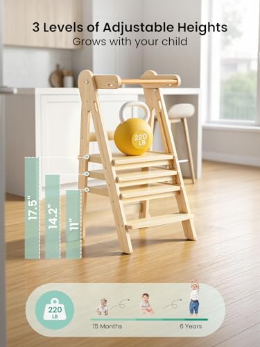 Image of Grownsy Foldable Step Stool Toddler Tower, Toddler Kitchen Stool Helper, Collapsible Kids Standing Tower with 3 Adjustable Heights for Kitchen Bathroom Sink Counter (Natural)