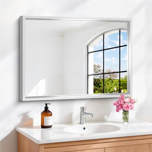 Image of 18x24 Silver Bathroom Mirror, Brushed Nickel Rectangular Mirror for Wall, 0.6 inch Thickened Deep Frame Mirrors for Bathroom Sink, Shatterproof Tempered Glass, Antirust, Horizontally or Vertically