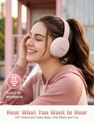 Image of RUNOLIM Hybrid Active Noise Cancelling Headphones, Wireless Over Ear Bluetooth Headphones with Microphone, 100H Playtime, Foldable Headphone with HiFi Audio, Deep Bass for Home Travel Office(Pink)