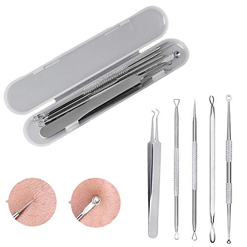 Extractor de puntos negros kit, 5 Piezas de herramientas para eliminar espinillas, Acero inoxidable extractor de acné, Herramienta de eliminar acné, espinilla, mancha y pápula con caja