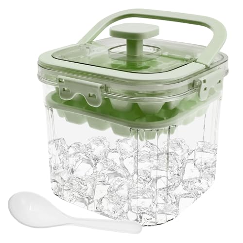 5L Ice Bucket for Freezer with Lid, Refrigerator Ice Cube Storage Bin with 48 Grids Mold Tray, Ice Bucket Container Wine Bucket with Handle and Spoon, Ice Cube Tray for Outdoor Camping (Green)