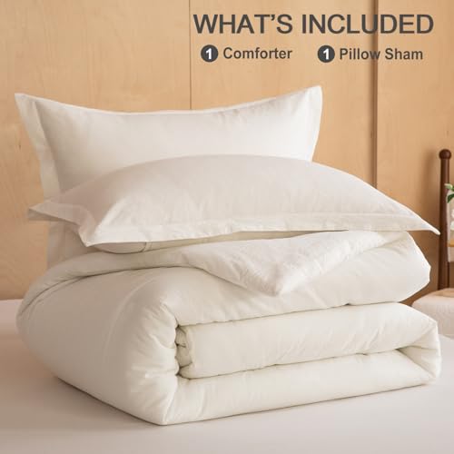 Image of Cyusri Cotton Solid Twin Comforter Set - Soft Lightweight Bedding 2 Pieces Dyed Bed Set with 1 Pillow Shams,Reversible All Season Farmhouse Down Alternative(Twin Size 68 inchx90 inch White)