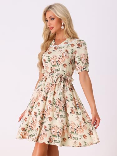 Image of Allegra K Women's Vintage Peter Pan Collar High Waist Flowy Midi Puff Sleeve Floral Dress