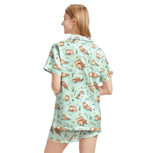 Image of Funny Pajamas for Women Set Print Satin Loungewear Pjs Short Sleeve Button Down Top and Shorts Sets Sleepwear XS-3XL
