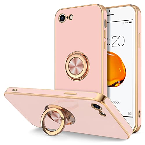 Hython Case for iPhone SE 2022, iPhone SE 2020, iPhone 7 Case, iPhone 8 Case with Ring Holder Stand Magnetic Kickstand, Plating Rose Gold Soft TPU Bumper Camera Protection Shockproof Phone Cases-Pink