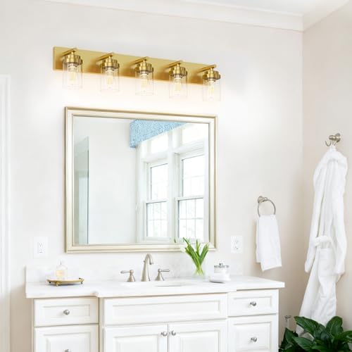 Image of IZORRO Bathroom Vanity Light Fixture, 5-Light 36 Inch Gold Bathroom Light Fixtures Over Mirror, with Clear Glass Shade, Modern Farmhouse Vanity Lights, Rustic Restroom Lighting Fixtures