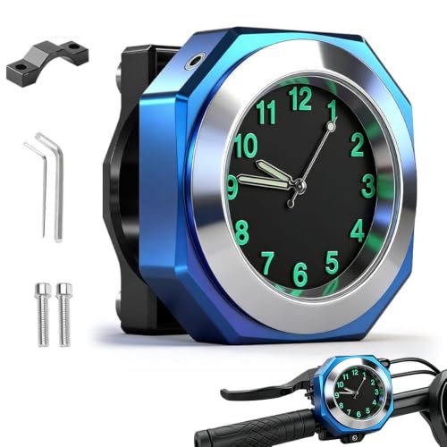 SKIKHN Reloj de manillar de motocicleta, resistente al agua, para manillar, de aleación de aluminio, de cuarzo, con función luminosa, para motocicletas, bicicletas y vehículos eléctricos, color azul