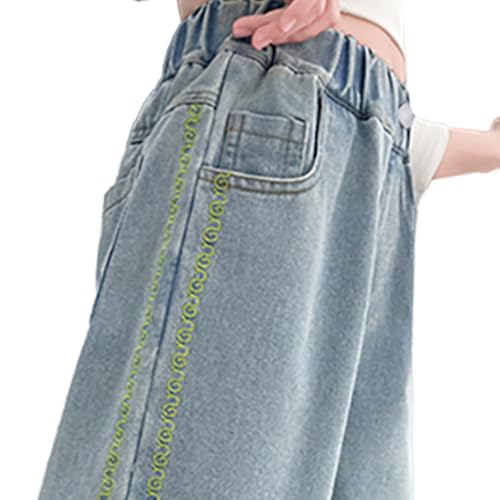 Tween Girls Baggy Jeans, Trendy Green Snake Embroidery Trim Denim Pants for Kids- Elastic Waisted Streetwear Pants4