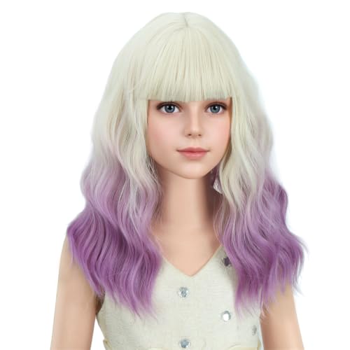 Image of PATTNIUM Girls Purple Ombre Short Curly Wavy Wig with Bangs Kids White Ombre Purple Bob Wigs Synthetic Halloween Costume Cosplay Party Wigs