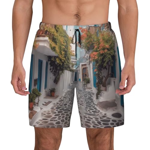 Men's Swim Trunks Quick Dry Board Shorts Greece Street Beach Shorts with Pocket Bathing Suits for Men