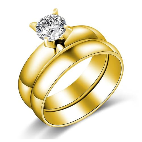 4mm Solitaire Wedding Ring Set for Women by Ginger Lyne | Stainless Steel Cubic Zirconia Engagement Ring with Matching Bridal Plain Wedding Band for Women