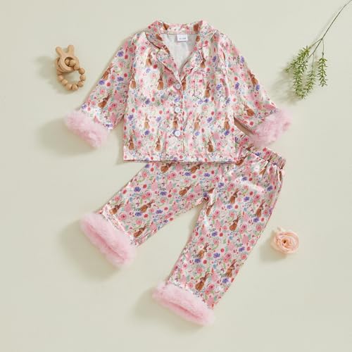 Kids Toddler Girl Easter Pajamas Bunny&Bow Button Down Fuzzy Shirts Pants Little Girls Easter Satin Silk Pajama Set2