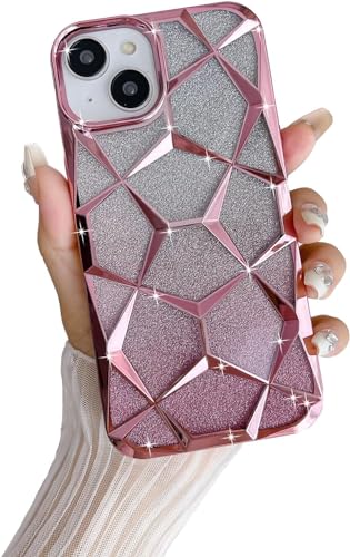 Image of VONZEE Luxury Gradient Glitter Case Compatible with iPhone 15, Electroplated Geometric Cube Design, Sparkling Diamond Bling Clear Back, Soft TPU Shockproof Phone Cover for Women & Girls(Pink)