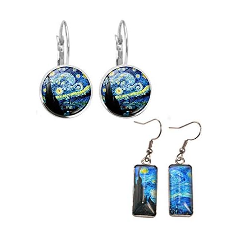 Wixine 2Pair Rectangle Van Gogh Starry Night Landscape Square Circle Van Gogh Starry Night Silver Trendy Glass Earrings Cover