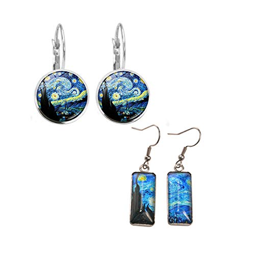 Wixine 2Pair Rectangle Van Gogh Starry Night Landscape Square Circle Van Gogh Starry Night Silver Trendy Glass Earrings