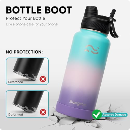 Image of Swigina [2-IN-1 LID] Insulated Water Bottle with Silicone Boot (36hrs Cold /18hrs Hot) - DIY Stickers, Leakproof, BPA Free, 32 oz