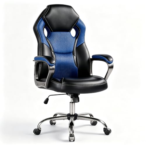 Image of Office Gaming Chair Blue, PU & Mesh Design Computer Chair with Metal Base