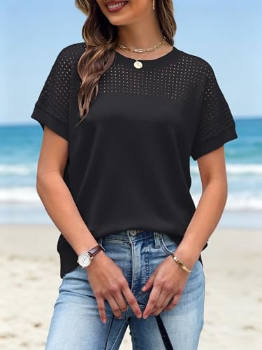 Womens Spring Crochet Knit Tops Lightweight Summer Short Sleeve Sweater Cap Sleeve T Shirts Blouses Black, XL — view 4