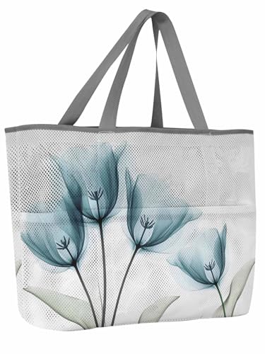 Mesh Beach Bag Oversized Tote Bags for Women Abstract Flower Teal Floral Large Travel Pool Bags with 8 Pockets