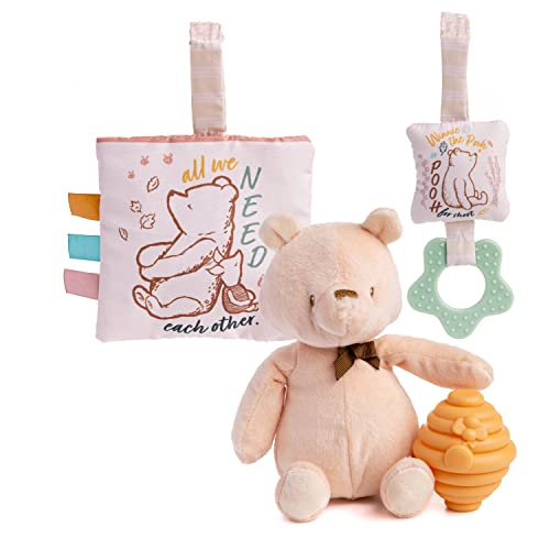 Image of KIDS PREFERRED Classic Pooh 4 Piece Set with Pooh Stuffed Animal, Squeaker Toy, Crinkle Square, and Teether