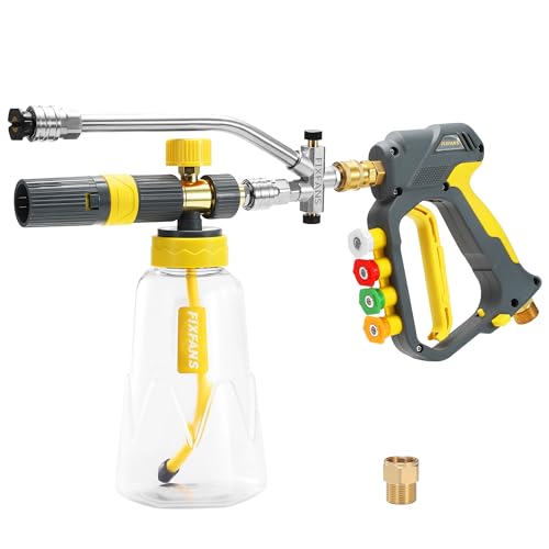FIXFANS Foam Cannon Gun Dual Connector Accessory for Pressure Washer Double Tip Attachment Soap Cannon with Power Washer Short Gun Car Wash Foam Gun Kit 1/4 Quick Connect 5 Nozzle Tips