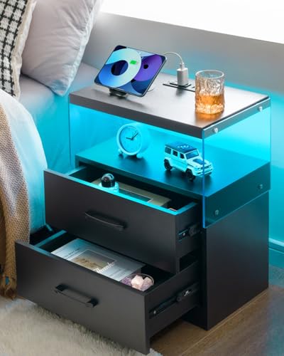 i-aplus LED Nightstand with 2 Large Drawers, Modern Bedside Table with Acrylic Open Shelf, Sturdy End Table for Bedroom Living Room, 15mm Thick Top & 17.7" Wide, Black