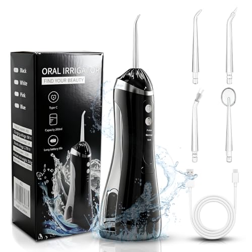 Irrigador Dental Portátil, Irrigador Bucal Portatil, 3 Modos y 3 Intensidades, Impermeable IPX7, Depósito 200 ml, para Viajes y Hogar