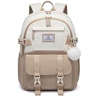 LOVEVOOK Schulrucksack Teenager Mädchen 10-18 Jahre, Rucksack Damen mit Großem Flaschenfach, Multi-Tasche Schulranzen Schultasche, Wasserdicht School Bag 15,6 Zoll Laptop für Schule Uni, Khaki Beige