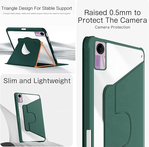 Image of TGK Rotating Case for Redmi Pad SE 11 inch with Pencil Holder 360 Degree Rotation Protective Trifold Stand Cover Clear Back (Forest Green)