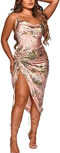 Women Satin Dress Sexy Spaghetti Strap Floral Print Backless Ruched Midi Cocktail Dresses