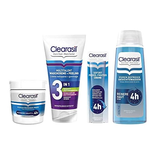 Clearasil Poren Reiniger Pads 65 Stück + Sofort Pickel Fighter Creme 15 ml + Multitalent Waschcreme und Peeling 150 ml + Poren Befreier Gesichtswasser 200 ml