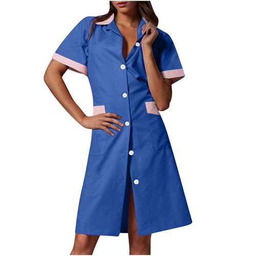 2026 Trendy Nurse Dress for Women Button Down Lapel Short Sleeve Scrub Uniforms Housekeeping Pocket Work Dresses Blue at Amazon Women's Clothing store