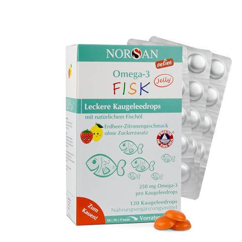 NORSAN Omega-3 FISK Jelly 120 hochdosiert - für Kinder mit 250 mg Omega-3 pro Kaugeleedrops mit EPA & DHA - Tagesdosis mit Zitrone-Erdbeer-Geschmack