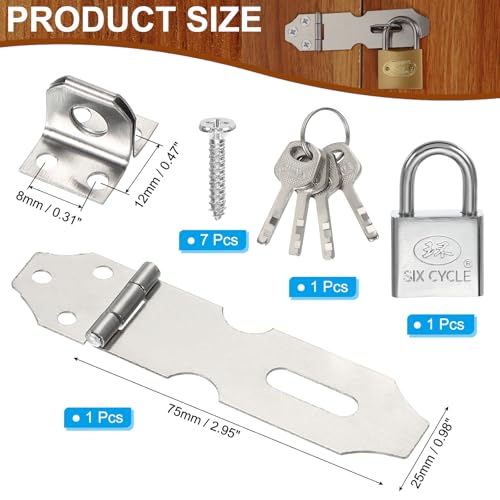 Image of PATIKIL Door Lock Hasp Latch 3 Inch, Stainless Steel Safety Hasp Lock Clasp Hinge Packlock(30mm) with Screws /Key for Door Gate Cabinet Closets, Silver