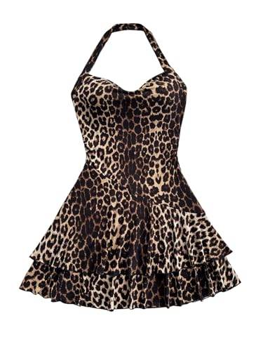 Image of Floerns Women's Cute Summer Halter Neck Floral Leopard Print Short Sundress