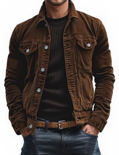Men's Vintage Corduroy Lapel Jacket,Single Breasted Work Coat with Multi Pockets,Durable Warm Outerwear,Casual