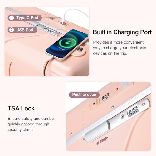 Ride On Luggage with Foldable Seat for Kids&Adults with Seat Belt,Hardshell Ride On Suitcase with Front Pocket,Lockable 4-Spinner Wheels,USB Port,TSA Lock,20 inch,Pink4