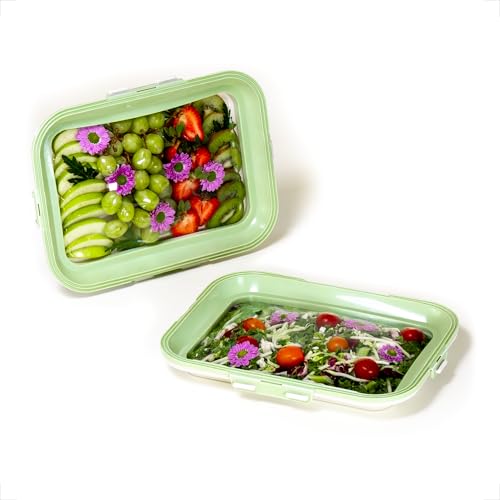 Crudites | Portable Snack Tray | Rectangle 2-Pack | Sage Green | Reversible Stretch Lid Food Containers | BPA-Free, Freezer & Dishwasher Safe | Meal-Prep, Charcuterie, Salads, Picnic, Travel