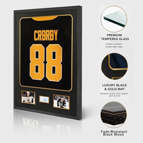 Image of Jersey Frame Display Case with Picture Slots & Tempered Real Glass | Jersey Frame Display Case, with Picture Slots & Tempered Real Glass, Signature for Shirt Uniform, Two 4x6 Photos, Black